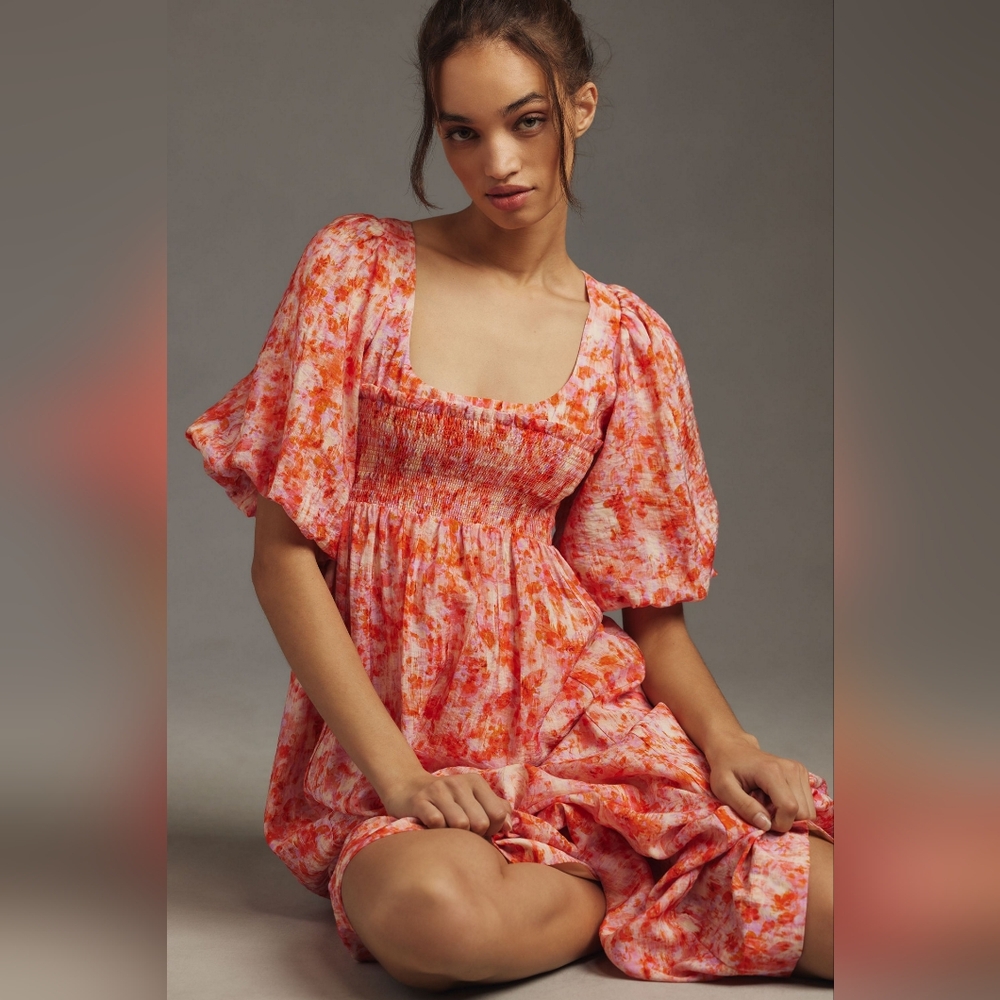 Anthropologie Short-Sleeved Smocked Baby Doll Midi Watercolor Dress